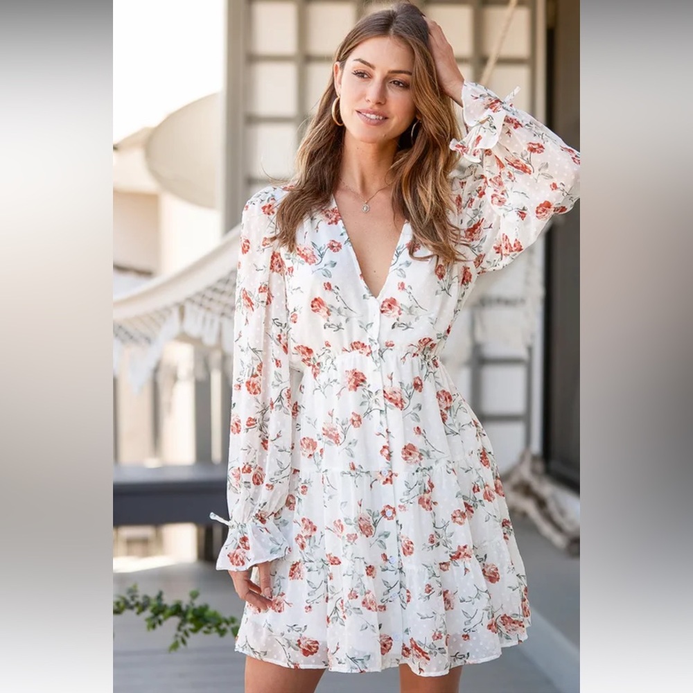 Lulus Fleur-ty Girl Ivory Floral Print Long Sleeve Babydoll Dress